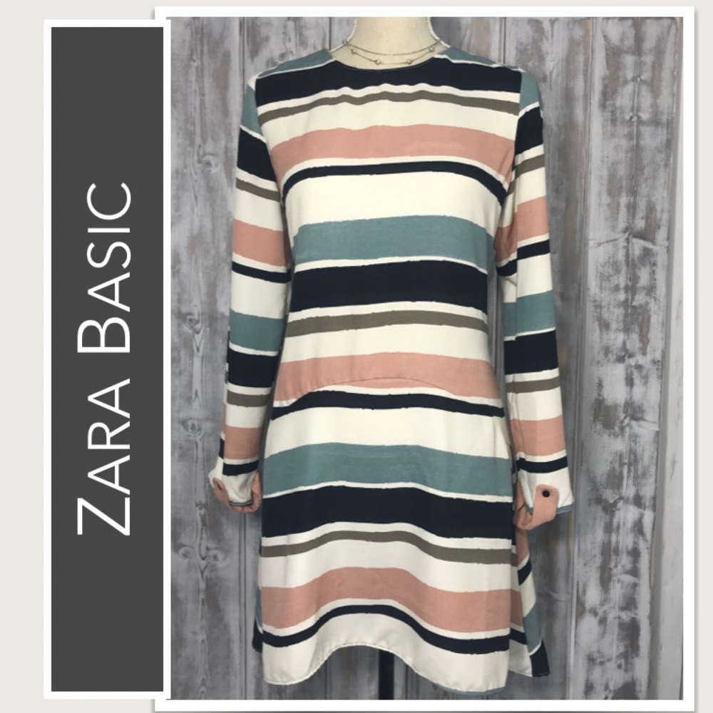 Zara Basic Long Sleeve Striped Flounce Dress Crea… - image 2